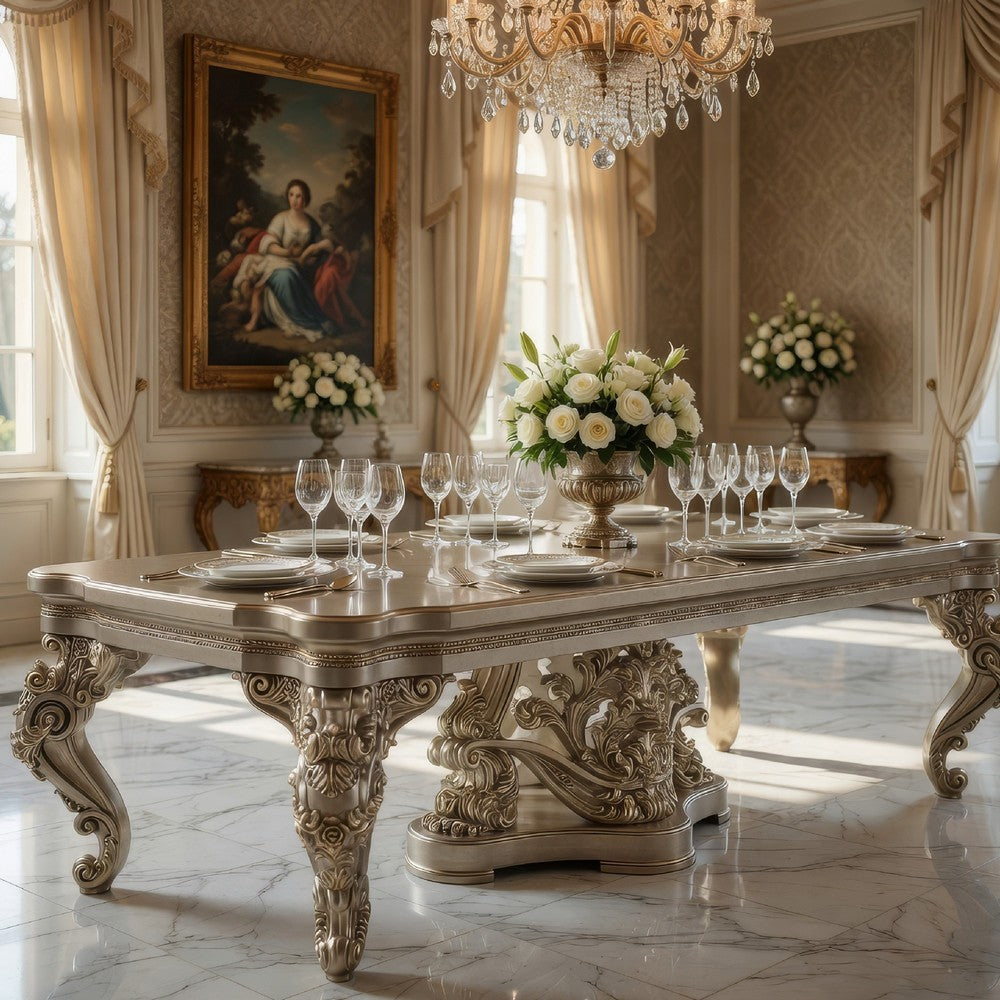 Mas Dining Table, Classical Carved Design, Champagne Gold, 110 Inch