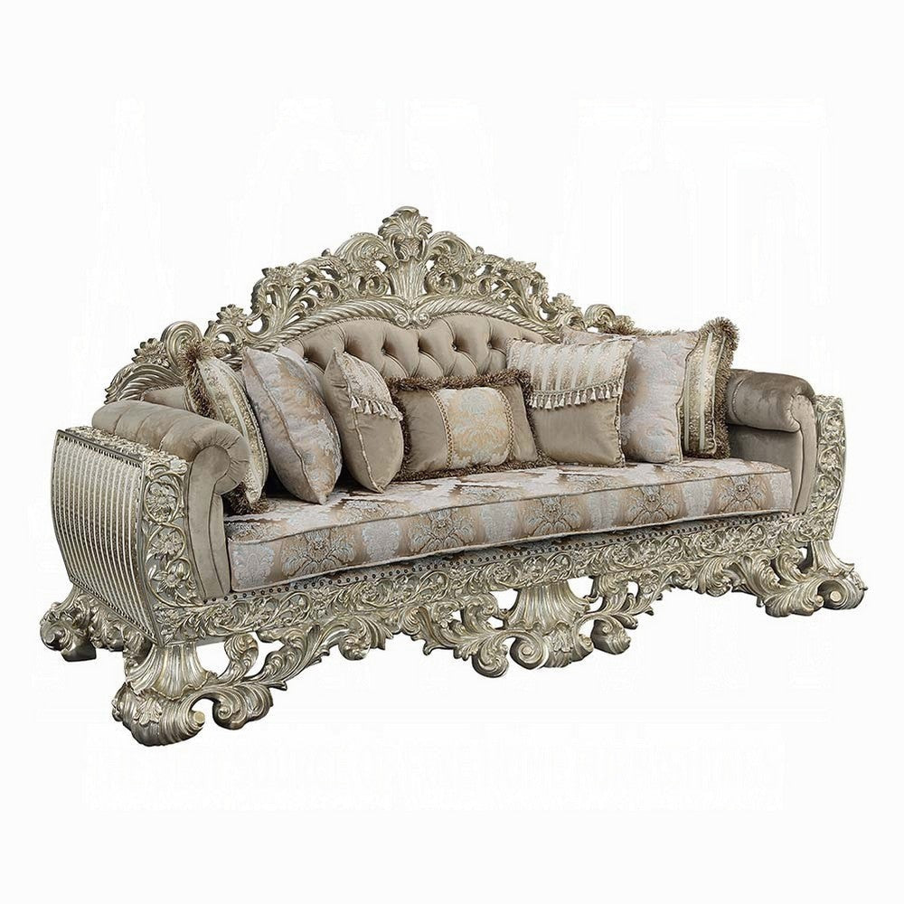 Esen Ornate Sofa, 7 Accent Pillows, Gold, Tufted Brown Velvet, 99 Inch