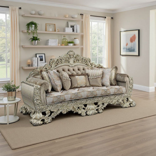 Esen Ornate Sofa, 7 Accent Pillows, Gold, Tufted Brown Velvet, 99 Inch