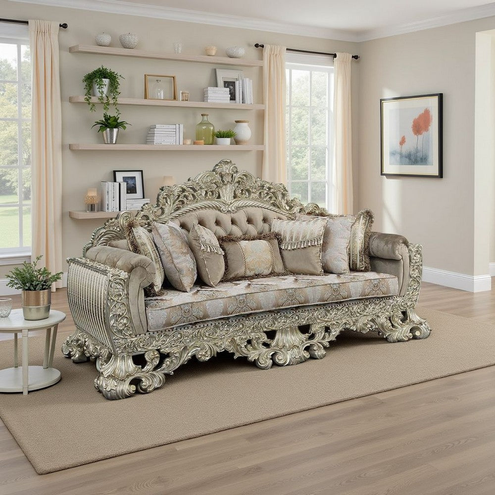 Esen Ornate Sofa, 7 Accent Pillows, Gold, Tufted Brown Velvet, 99 Inch