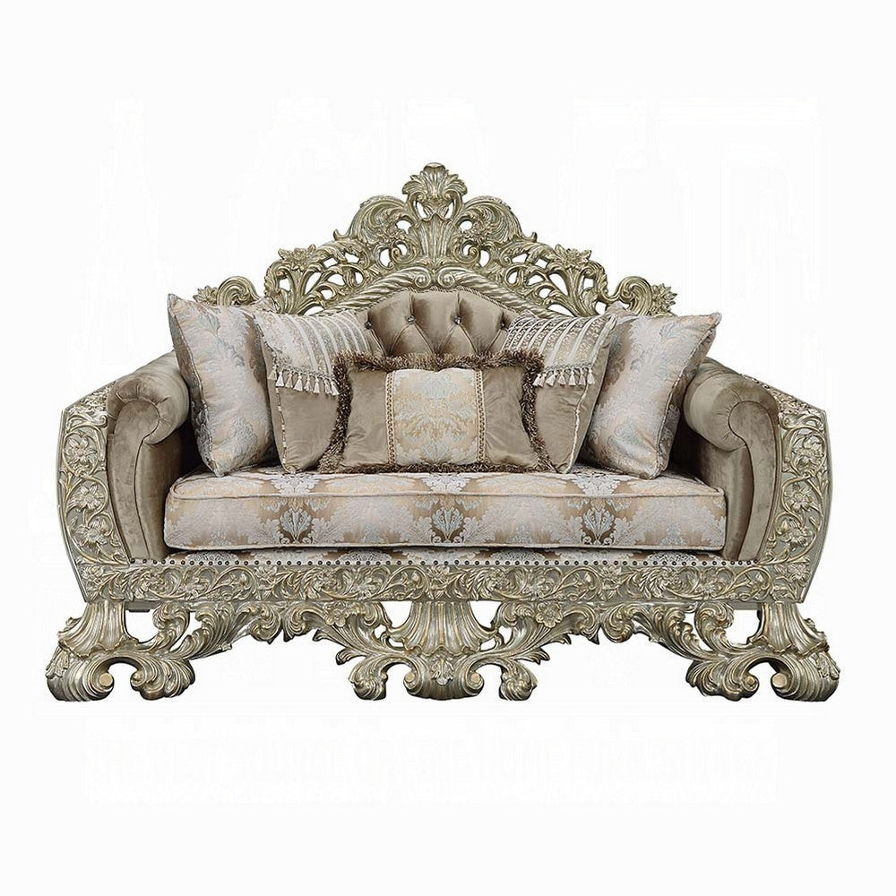 Esen Ornate Loveseat 5 Accent Pillows Gold Tufted Brown Velvet BM327595