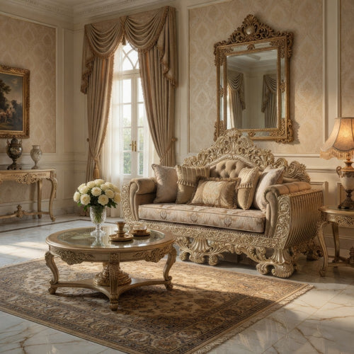 Esen Ornate Loveseat, 5 Accent Pillows, Gold , Tufted Brown Velvet