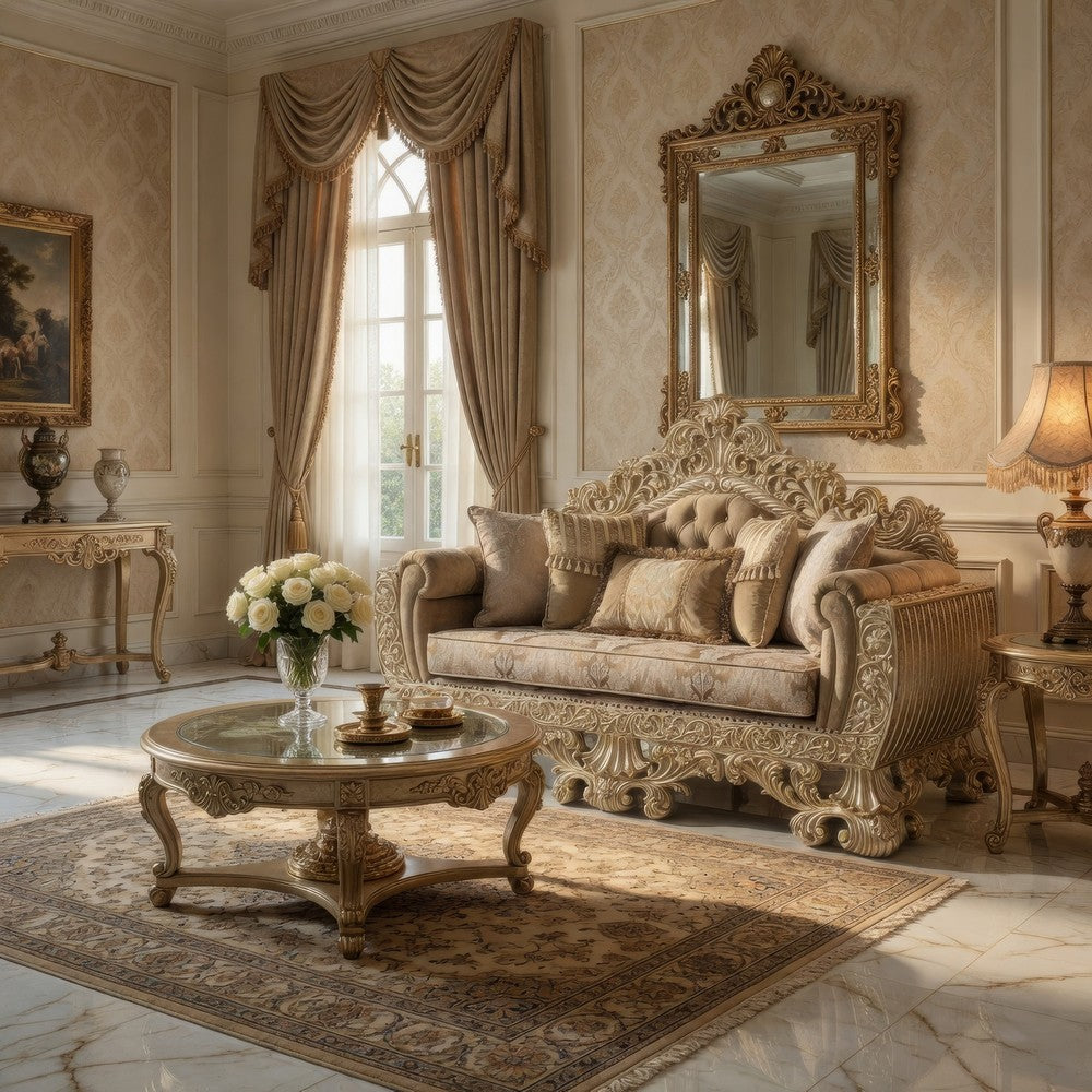 Esen Ornate Loveseat, 5 Accent Pillows, Gold , Tufted Brown Velvet