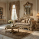 Esen Ornate Loveseat, 5 Accent Pillows, Gold , Tufted Brown Velvet