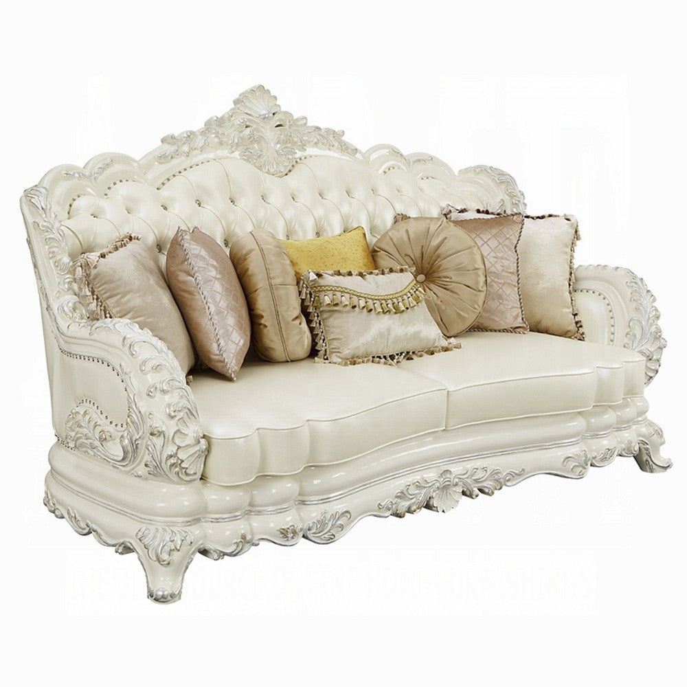 Rox Ornate Sofa, 7 Accent Pillows, Silver, Tufted White Faux Leather