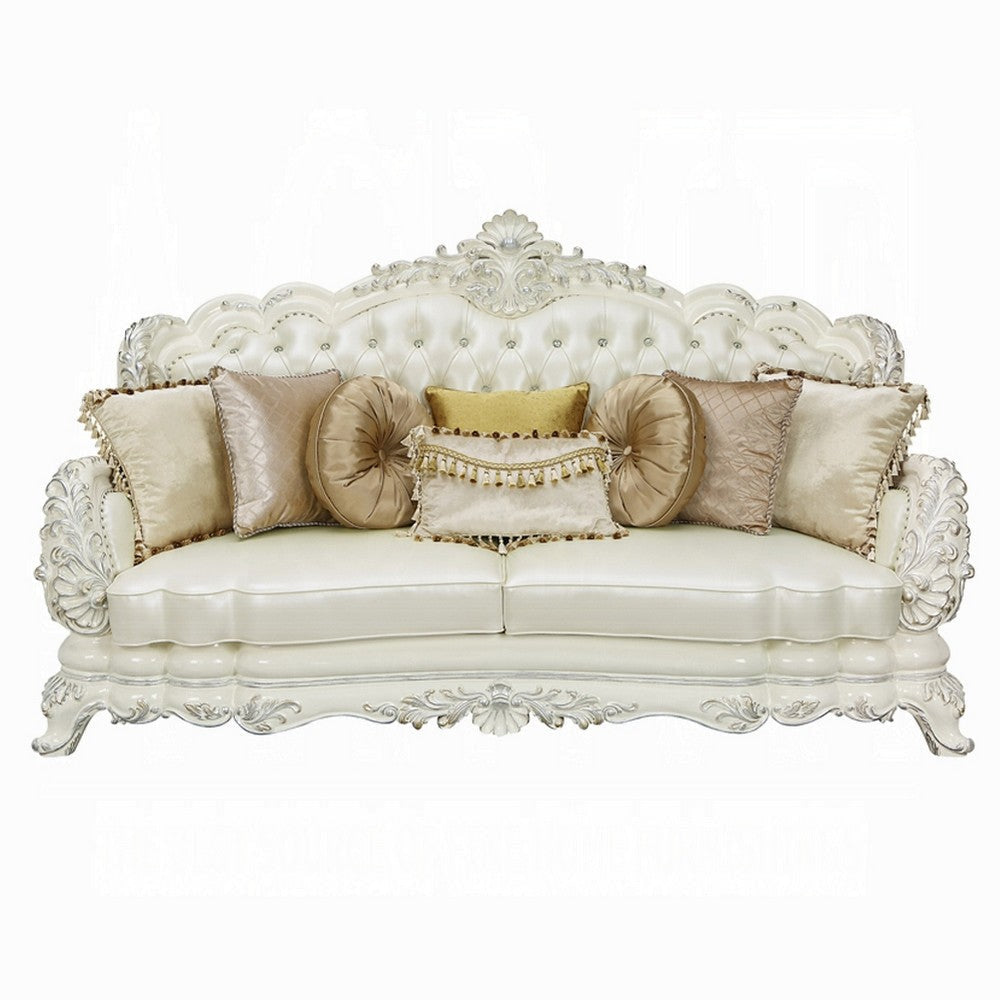 Rox Ornate Sofa 7 Accent Pillows Silver Tufted White Faux Leather BM327596