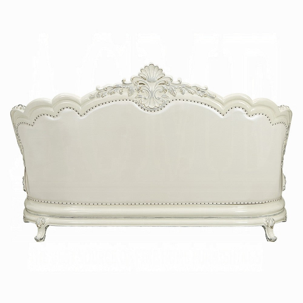 Rox Ornate Sofa 7 Accent Pillows Silver Tufted White Faux Leather BM327596