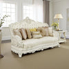 Rox Ornate Sofa, 7 Accent Pillows, Silver, Tufted White Faux Leather