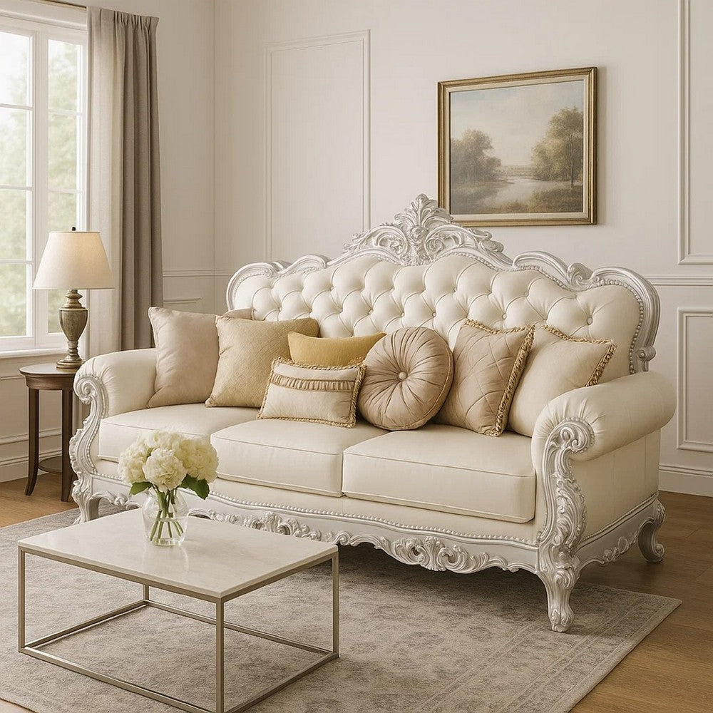 Rox Ornate Sofa, 7 Accent Pillows, Silver, Tufted White Faux Leather