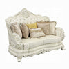 Rox Ornate Loveseat, 7 Accent Pillows, Tufted White Faux Leather