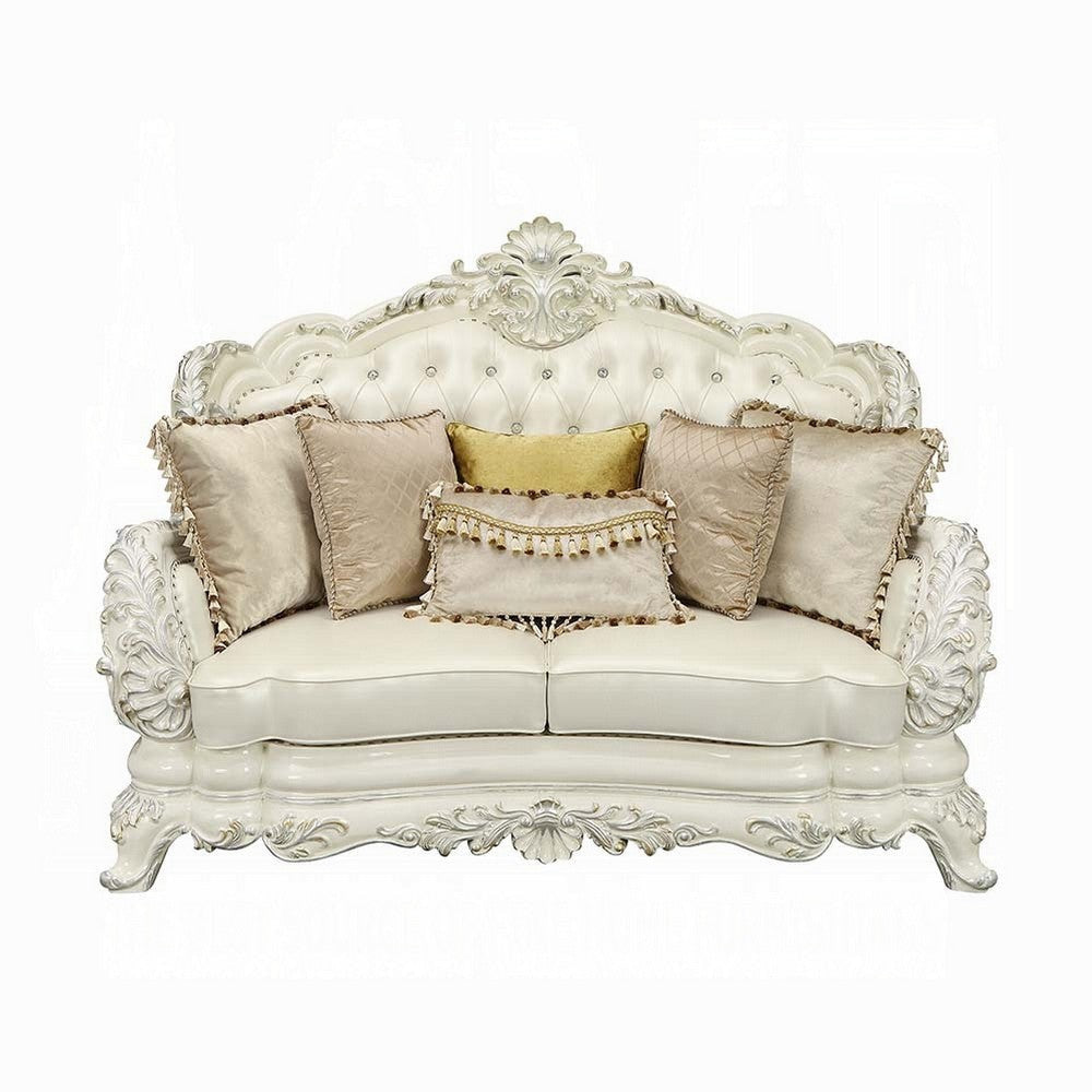 Rox Ornate Loveseat 7 Accent Pillows Tufted White Faux Leather BM327597