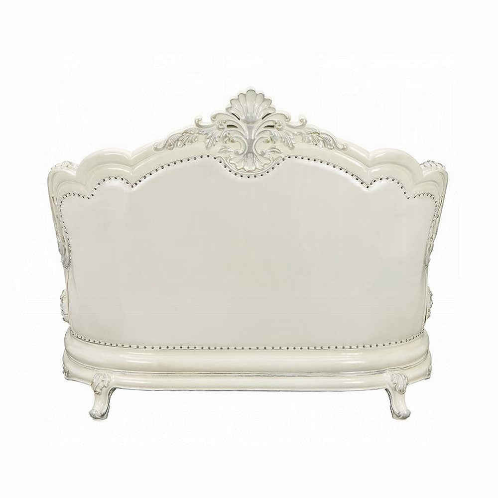 Rox Ornate Loveseat 7 Accent Pillows Tufted White Faux Leather BM327597