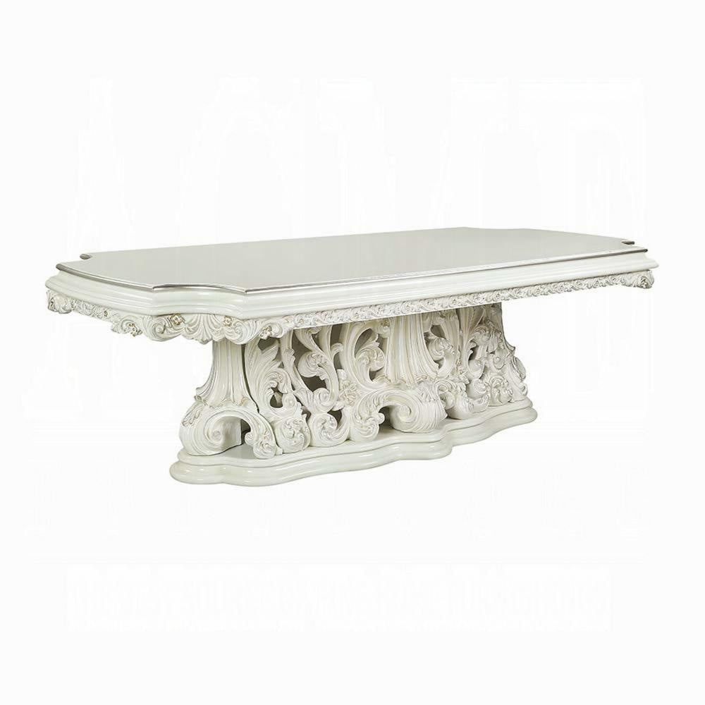 Rox Dining Table, Classic Carved Pedestal, White and Gold, 107 Inch