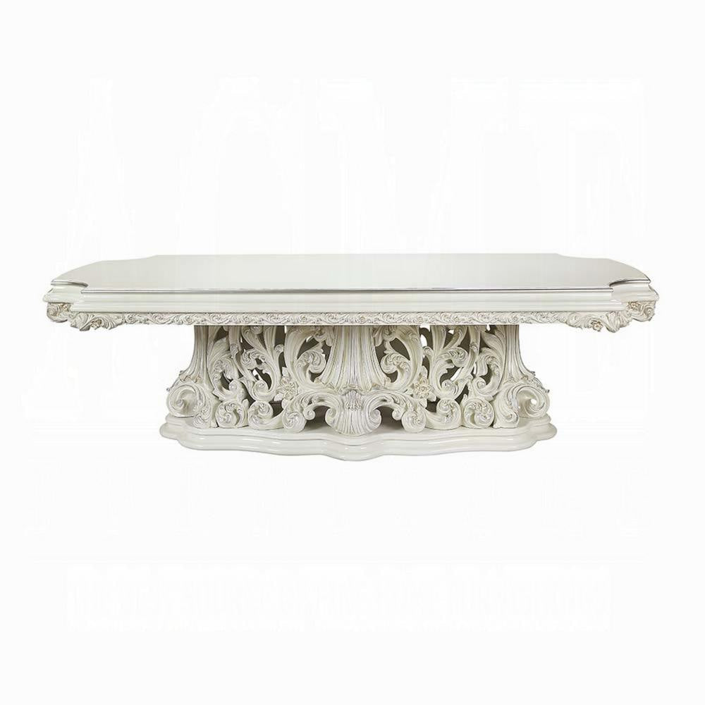 Rox Dining Table Classic Carved Pedestal White and Gold 107 Inch BM327598