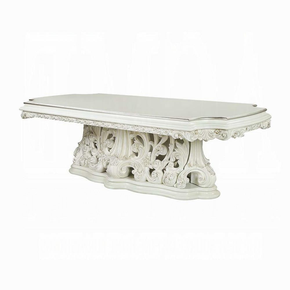 Rox Dining Table Classic Carved Pedestal White and Gold 107 Inch BM327598