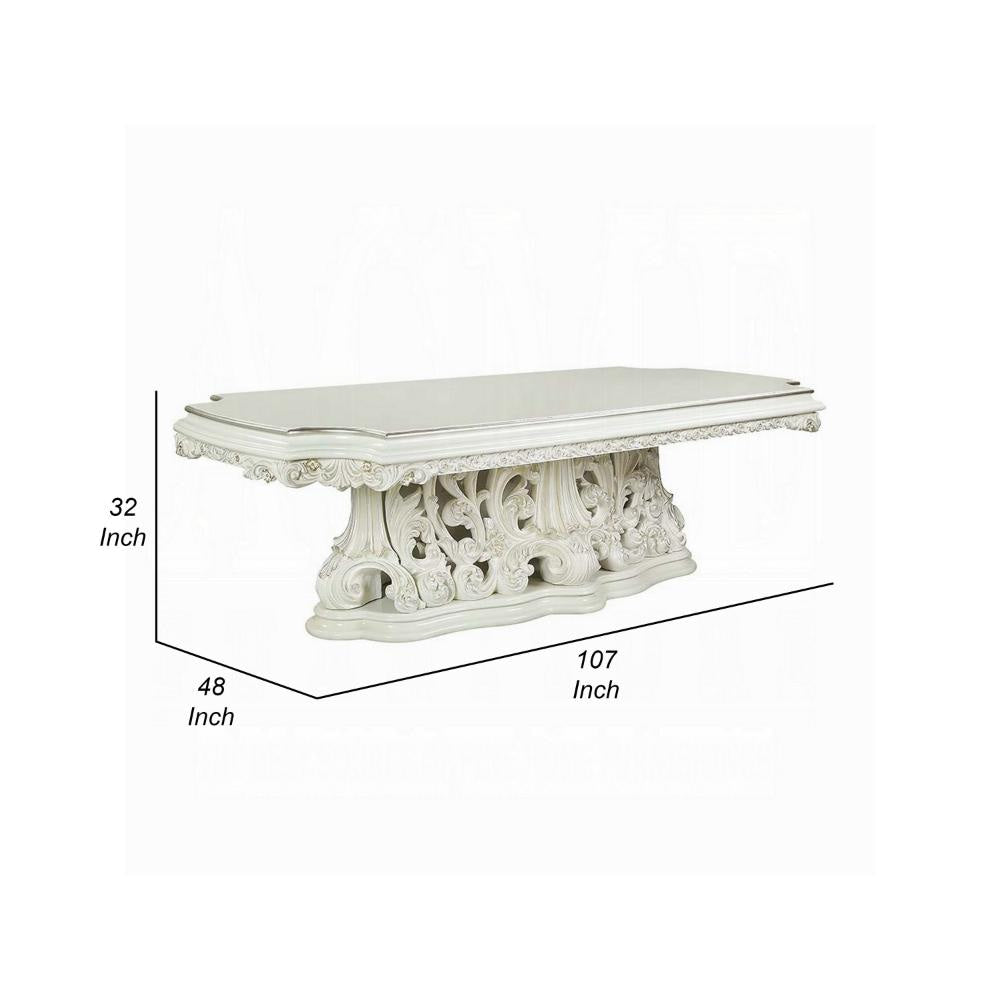 Rox Dining Table Classic Carved Pedestal White and Gold 107 Inch BM327598
