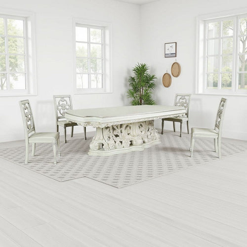 Rox Dining Table, Classic Carved Pedestal, White and Gold, 107 Inch