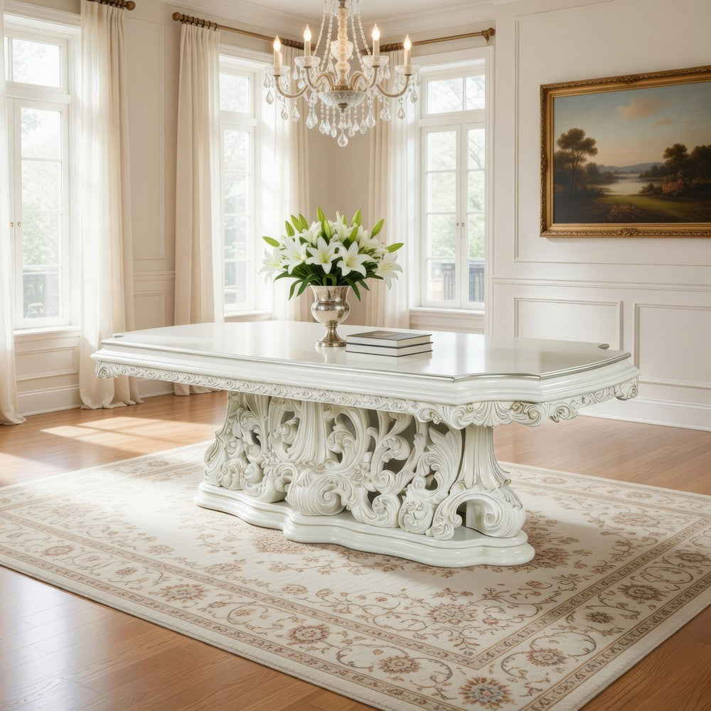 Rox Dining Table, Classic Carved Pedestal, White and Gold, 107 Inch