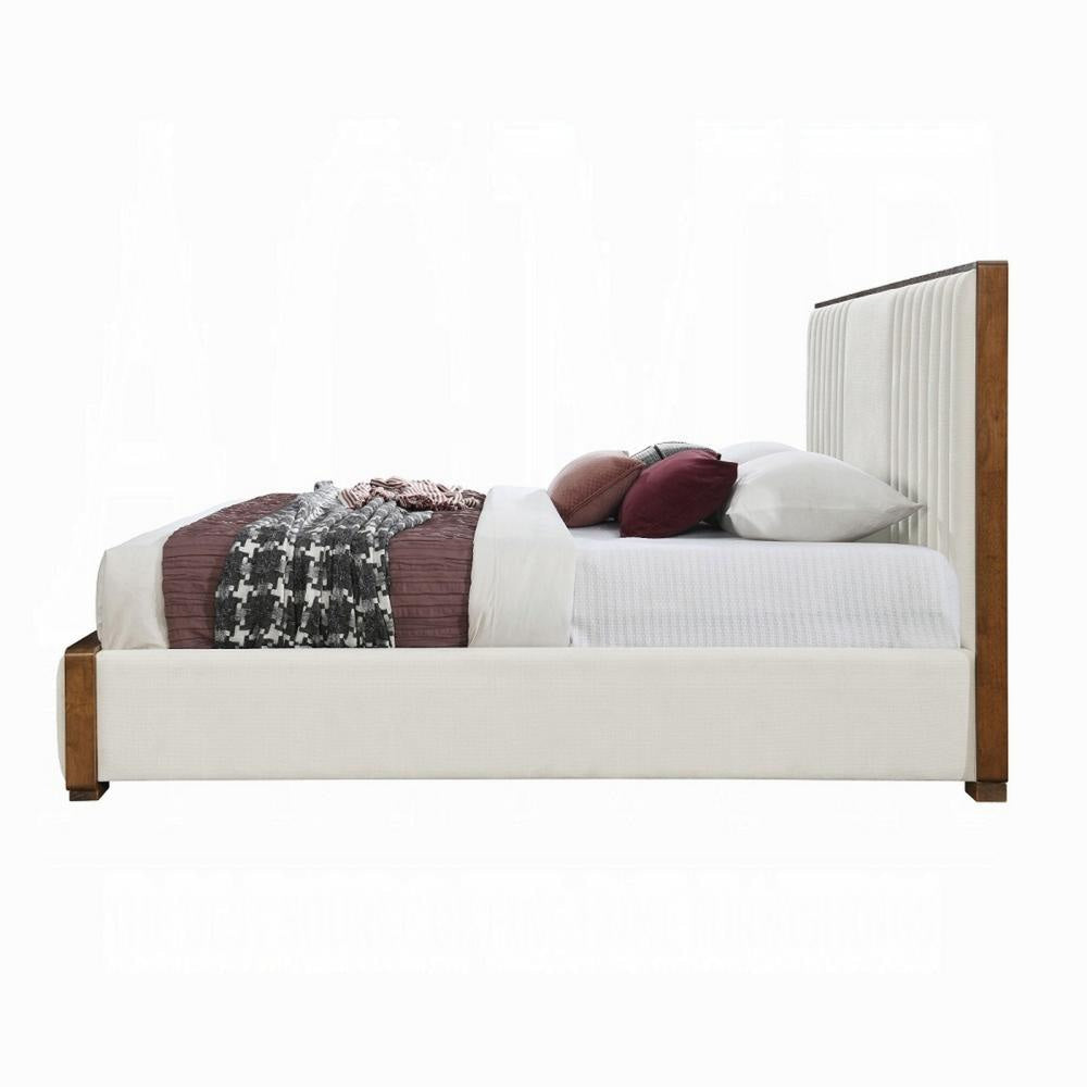 Lesa King Bed Channel Tufted Beige Chenille Upholstery Walnut Brown