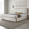 Lesa King Bed, Channel Tufted Beige Chenille Upholstery, Walnut Brown