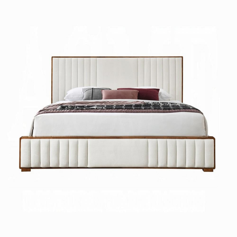Lesa Queen Bed Channel Tufted Beige Chenille Upholstery Walnut Brown