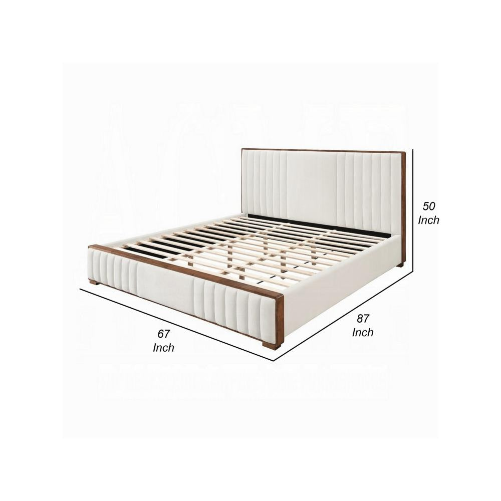 Lesa Queen Bed Channel Tufted Beige Chenille Upholstery Walnut Brown