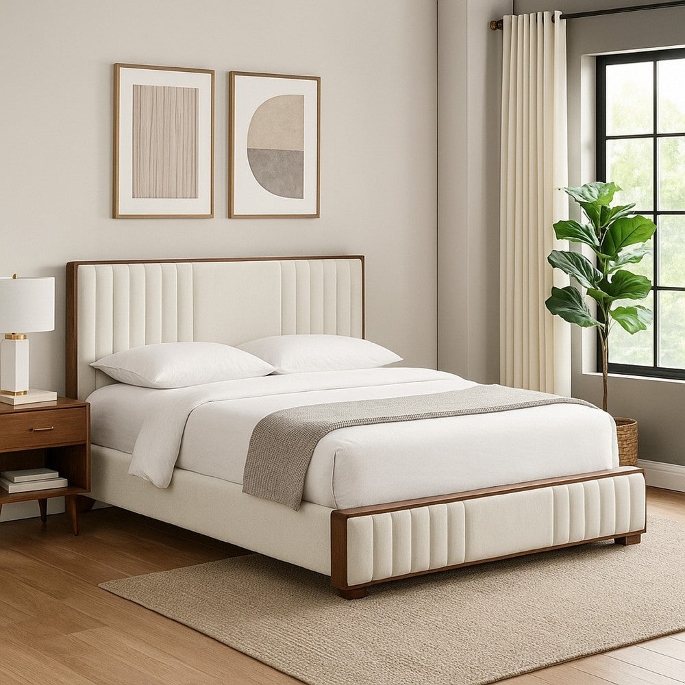 Lesa Queen Bed, Channel Tufted Beige Chenille Upholstery, Walnut Brown