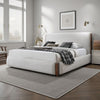 Fedro King Bed, Low Profile, White Boucle Upholstery, Walnut Brown