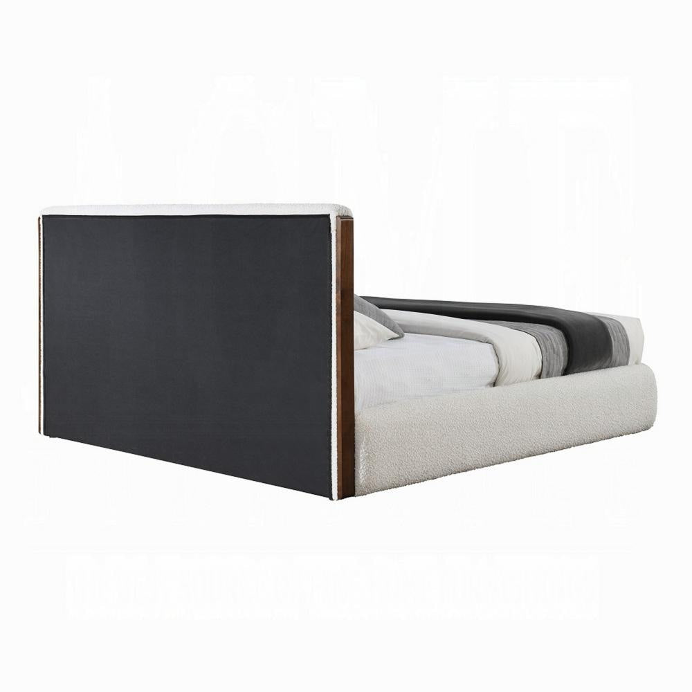 Fedro Queen Bed Low Profile White Boucle Upholstery Walnut Brown