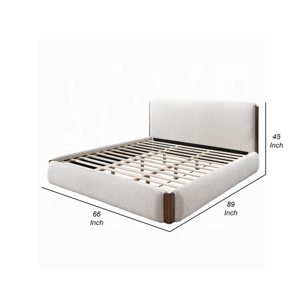 Fedro Queen Bed Low Profile White Boucle Upholstery Walnut Brown