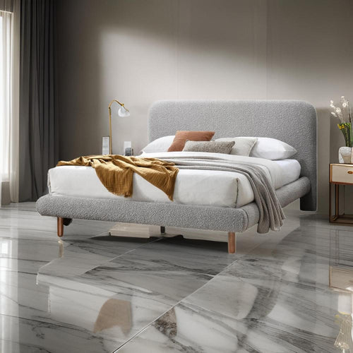 Damazy King Size Bed, Curved Edges, Gray Boucle Upholstery, Brown Wood
