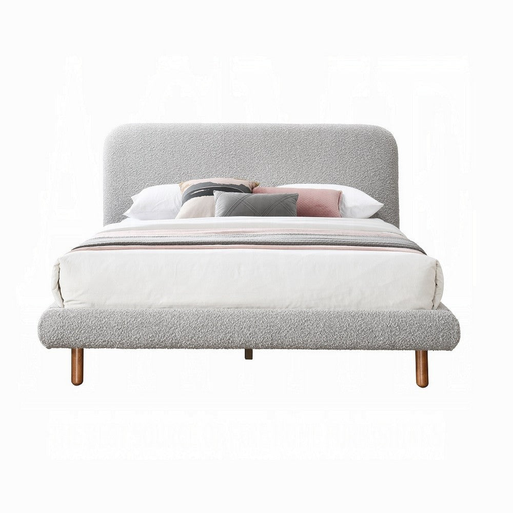 Damazy Queen Bed Curved Edges Gray Boucle Upholstery Brown Wood BM327607