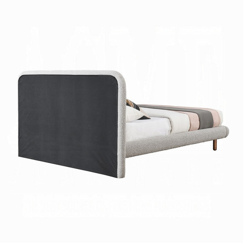 Damazy Queen Bed Curved Edges Gray Boucle Upholstery Brown Wood BM327607