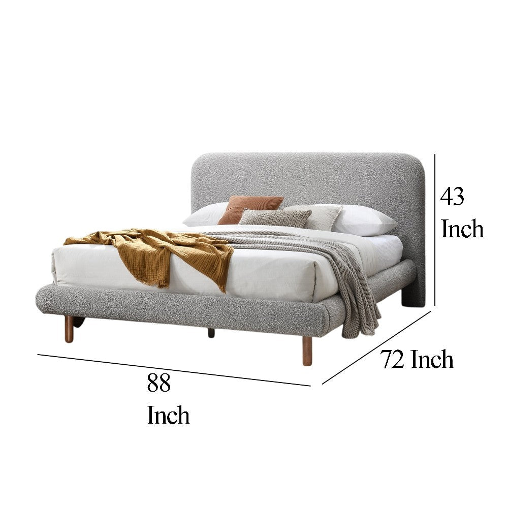 Damazy Queen Bed Curved Edges Gray Boucle Upholstery Brown Wood BM327607