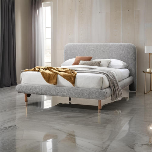 Damazy Queen Bed, Curved Edges, Gray Boucle Upholstery, Brown Wood