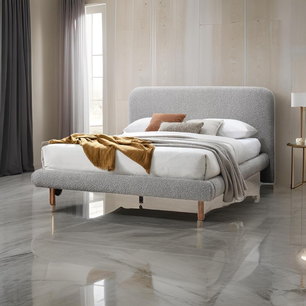 Damazy Queen Bed, Curved Edges, Gray Boucle Upholstery, Brown Wood