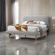Damazy Queen Bed, Curved Edges, Gray Boucle Upholstery, Brown Wood