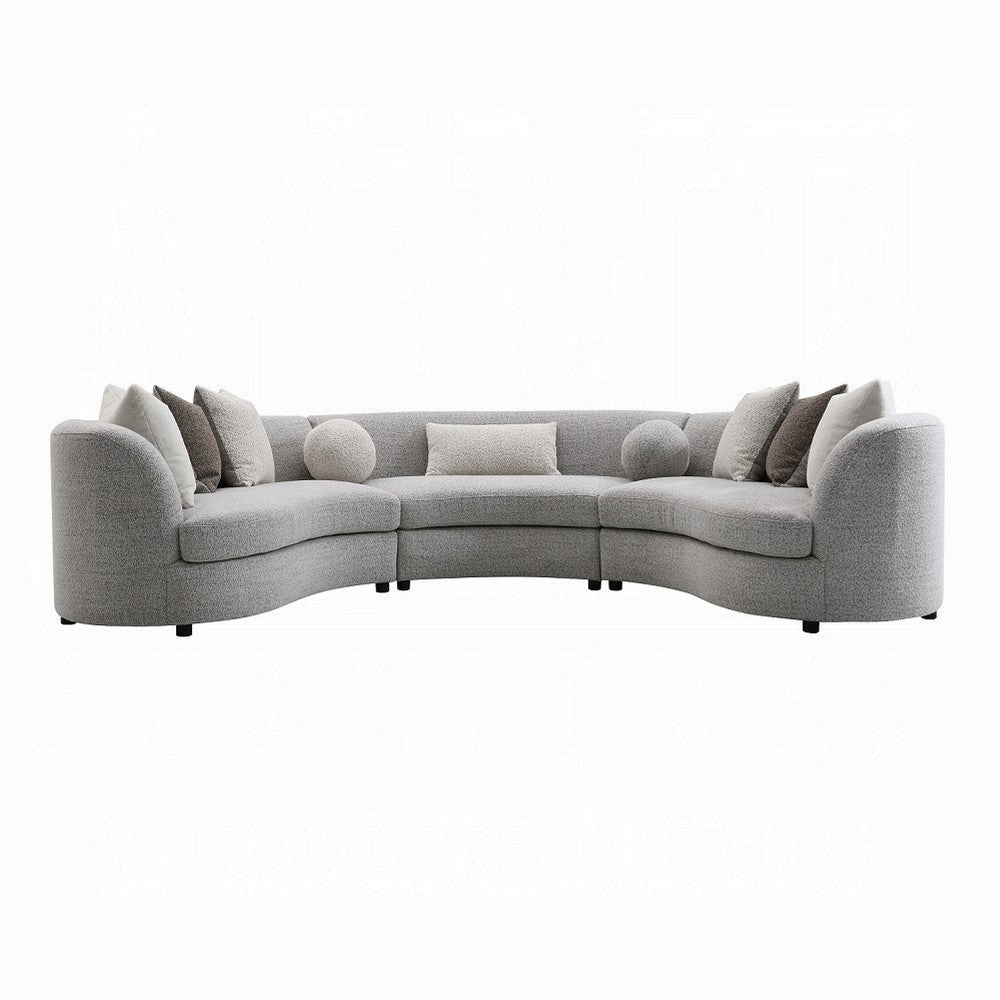 Kei 3pc Sectional Sofa, 9 Pillows, Curved Frame, Gray Boucle Fabric