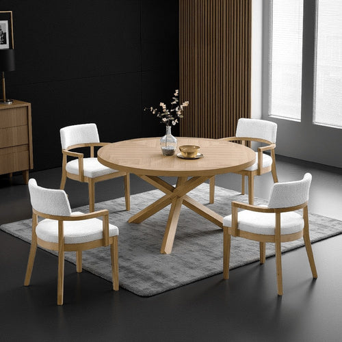 Semi Dining Table, 54 Inch Round Top, Cross Base, Oak Brown Finish