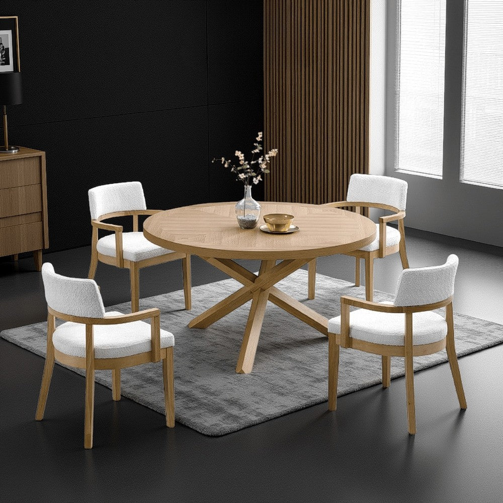 Semi Dining Table, 54 Inch Round Top, Cross Base, Oak Brown Finish