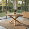 Semi Dining Table, 54 Inch Round Top, Cross Base, Oak Brown Finish