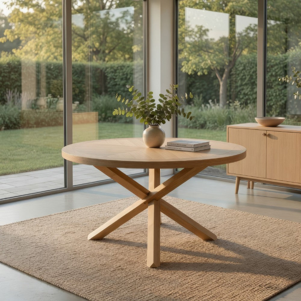 Semi Dining Table, 54 Inch Round Top, Cross Base, Oak Brown Finish