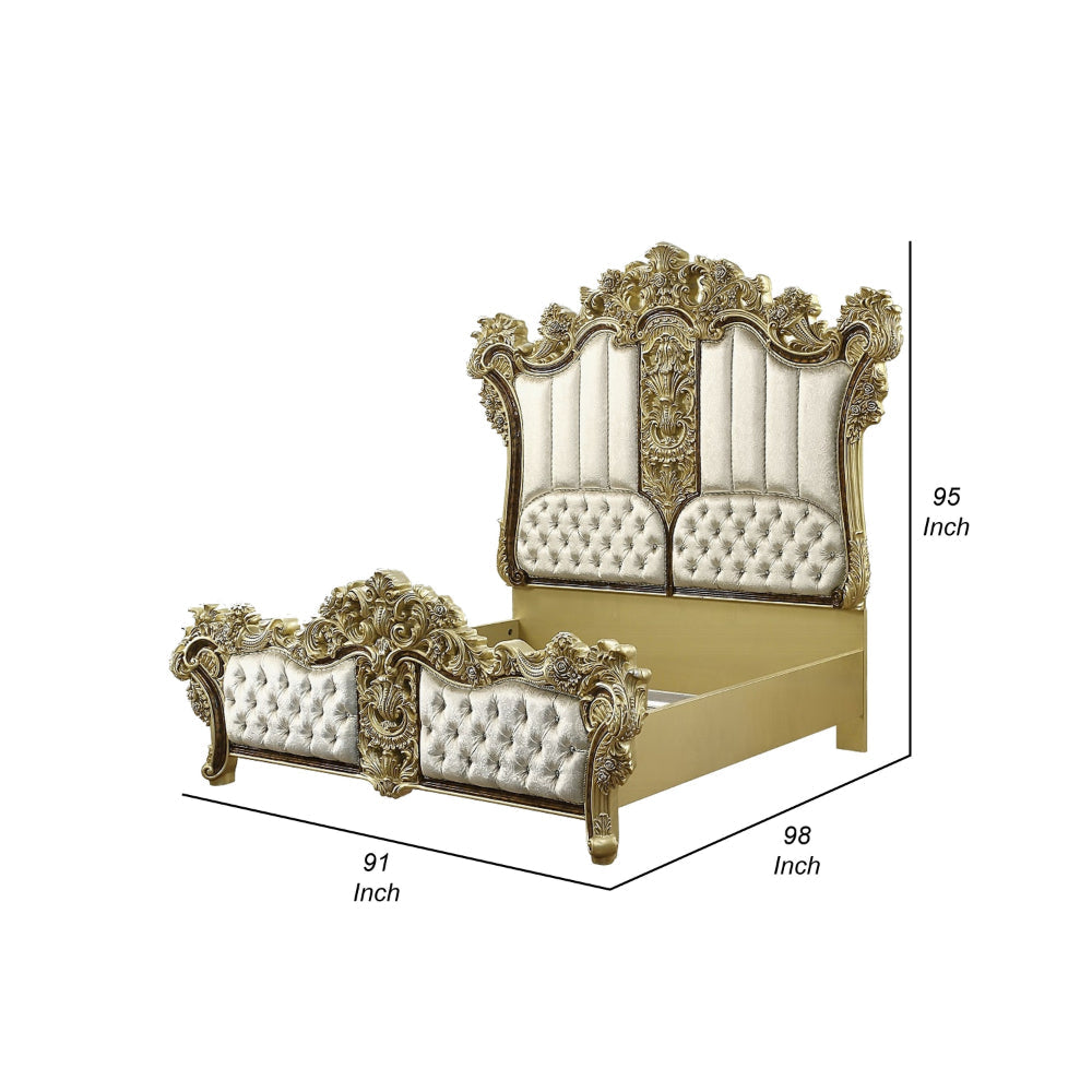 Trump King Size Bed Beige Upholstery Vintage Gold Opulent Carving BM327610