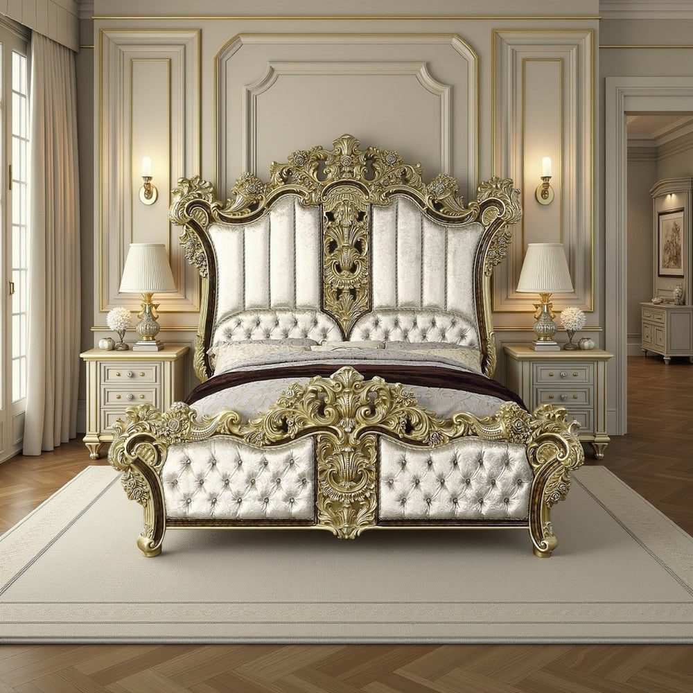 Trump King Size Bed Beige Upholstery Vintage Gold Opulent Carving BM327610