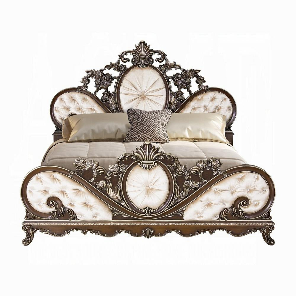 Vany King Bed Scrolled Carved Headboard Ivory Upholstery Cherry