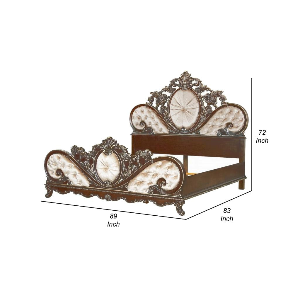Vany King Bed Scrolled Carved Headboard Ivory Upholstery Cherry