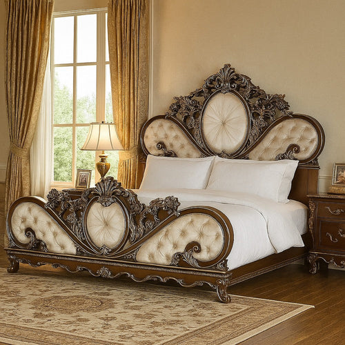 Vany King Bed, Scrolled Carved Headboard, Ivory Upholstery, Cherry
