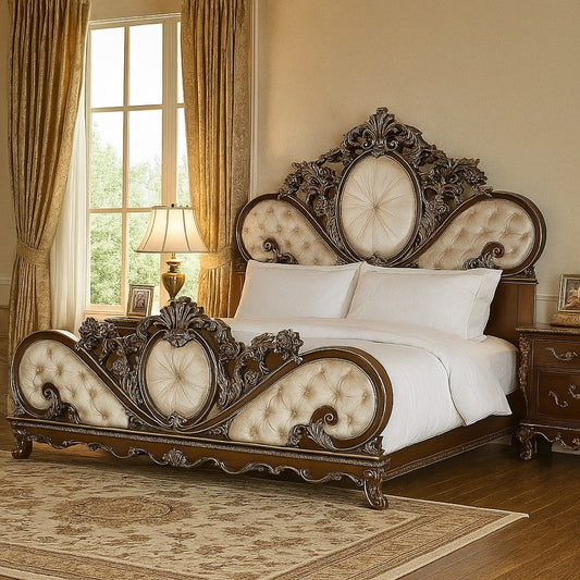 Vany King Bed, Scrolled Carved Headboard, Ivory Upholstery, Cherry