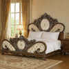 Vany King Bed, Scrolled Carved Headboard, Ivory Upholstery, Cherry