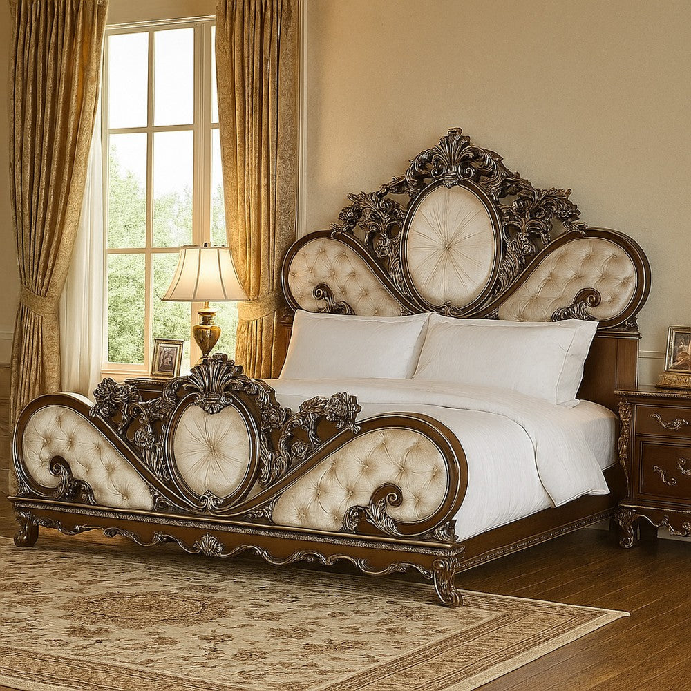 Vany King Bed, Scrolled Carved Headboard, Ivory Upholstery, Cherry